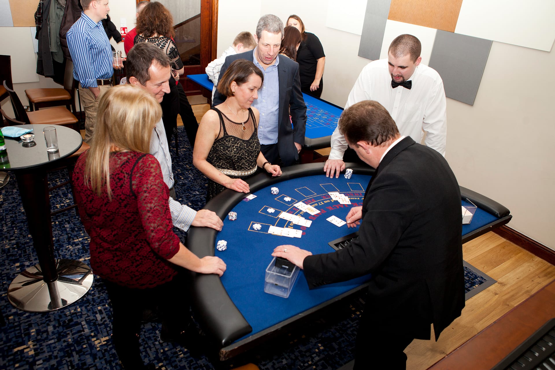 Overhead view of blackjack table in action